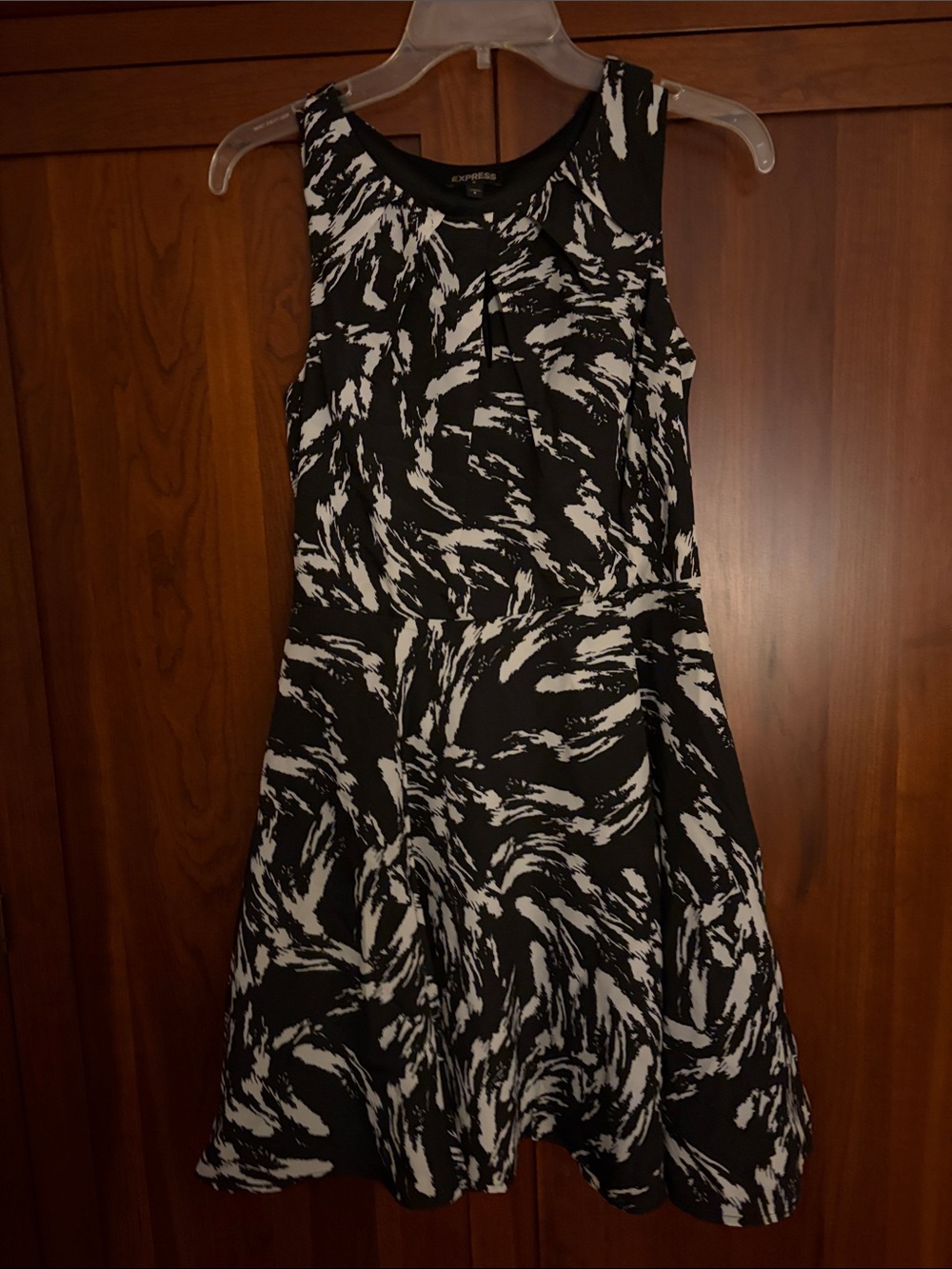 Express Black and White Abstract Print Fit-and-Flare Dress